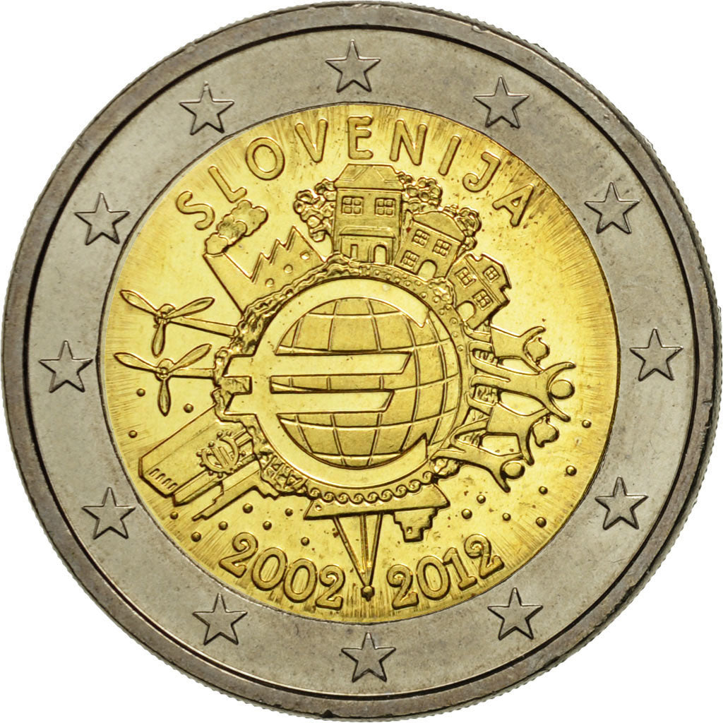 Slovinsko, 
  
  2 eurá, 
  
  10 jahre eur